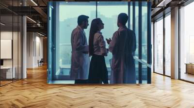 Three professionals, two in lab coats and one in professional attire, discuss something in a modern, glass-walled hallway with city views. Wall mural