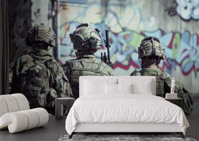 Three soldiers in tactical gear stand with their backs to the camera in an urban environment, ready for action amid graffiti-covered walls. Wall mural