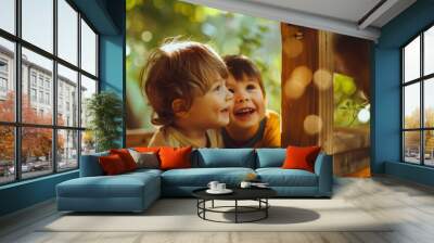 Two children share a joyous moment outdoors, their faces illuminated by dappled sunlight, radiating pure joy and innocence. Wall mural