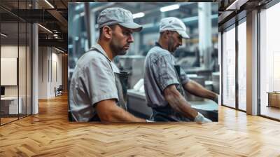 Two factory workers focused on their tasks in an industrial setting, surrounded by metal machinery and tools. Wall mural