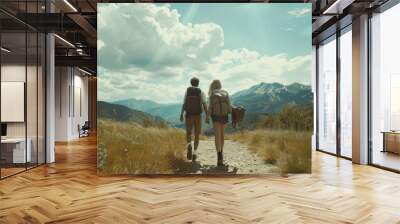 Two hikers walking hand-in-hand along a scenic trail with mountains in the background and a clear blue sky overhead. Wall mural