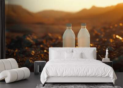 Two water bottles illuminated by the warm sunset light, set against a rugged desert landscape, emphasizing the essence of outdoor adventure and hydration. Wall mural