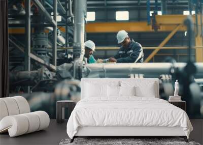 Two workers in a modern factory engage in a focused conversation surrounded by advanced machinery and industrial components. Wall mural