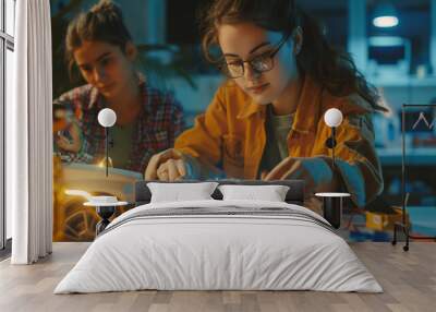 Two young women intently working on electronics in a workshop, surrounded by components and tools under a focused light. Wall mural