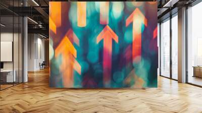 Vibrant arrows shoot upwards through a colorful, illuminated bokeh backdrop, symbolizing progress and energy. Wall mural