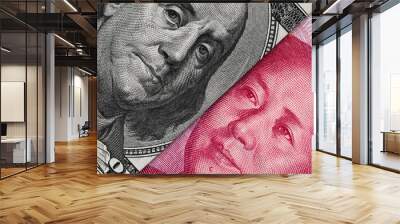 US dollar bill and China yuan banknote macro, Chinese and USA economy finance business,  money closeup Wall mural