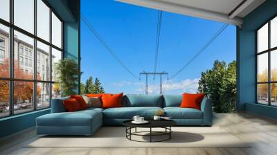 Electric power transmission line on steel supports. Power lines. Wall mural