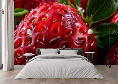 Close-up of ripe, juicy strawberries with dewdrops, rich red color and fresh green leaves, ideal for fresh produce and fruit themes, isolated background. Wall mural