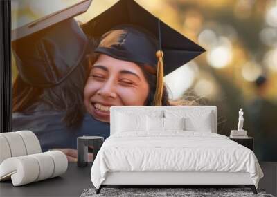 Graduate hugging family, proud and emotional, university campus, academic achievement, caps and gowns, joyful celebration, loving moment, copy space. Wall mural