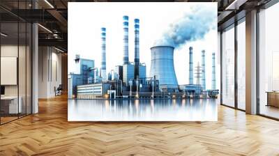 Modern power plant with smokestacks and cooling towers under a clear blue sky, isolated on white background, copy space, industrial energy production, sustainable electricity generation, high Wall mural