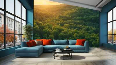 Sunset over a forested hill, warm hues lighting up the treetops, tranquil and serene atmosphere, perfect for evening nature scenes, isolated background for simplicity. Wall mural