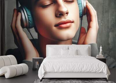  Teenager with Headphones Eyes closed feeling the music casual a Wall mural