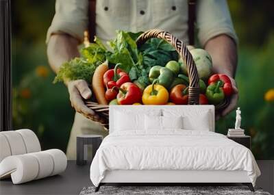 A delighted young farmer holds a basket of fresh vegetables in a natural setting, symbolizing organic, eco-friendly, homegrown, and vegetarian ideals Wall mural