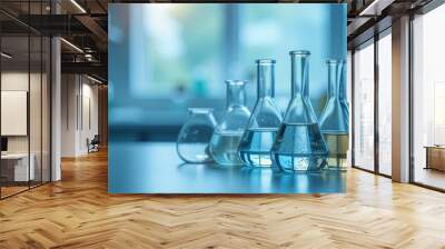 a stack of test tubes with different liquids are on the table in the laboratory Wall mural