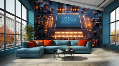 AI artificial intelligence CPU processor with glowing blue and orange lights, circuit board close-up technology concept, futuristic digital chip design. Wall mural