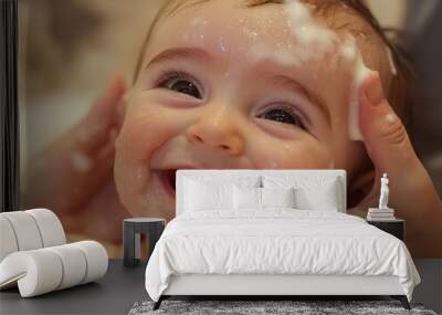 Baby Massage. Care and Health for Babies with Soothing Cream and Smiling Faces Wall mural