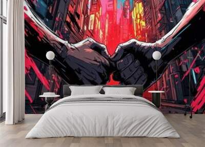 background in a heart of cyber city and stars and 2 hands Wall mural