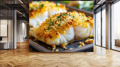 Baked Fish with Breadcrumbs. Cod Seafood Dish for Healthy Dinner Wall mural