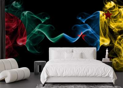 Bangladesh, Bangladeshi vs Ogoni people smoky mystic flags placed side by side. Thick colored silky abstract smokes flags. Wall mural