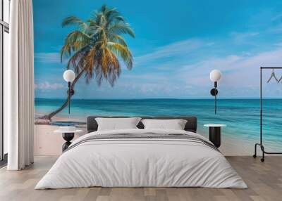 Beach With Palm Tree. Tropical Island Paradise with Blue Ocean Background Wall mural