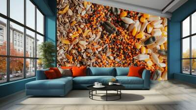 Bird Food. Collection of Mixed Seeds including Sunflower, Corn, and Millet for Wild Birds Wall mural