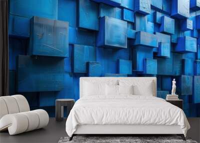 Blue Block Wall. Three-Dimensional Abstract Art Background with Bright Blue Blocks Wall mural