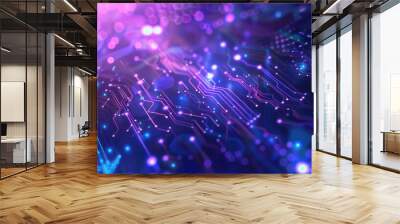 Blue Cyber Background. Futuristic Technology Concept with Purple Bokeh Lights Wall mural