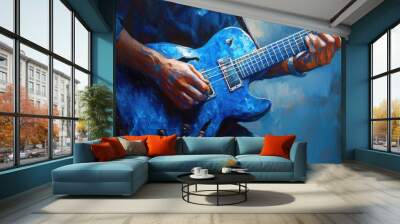 Blue Guitar. Man Playing a Solo on a Blue Guitar in a Studio Setting Wall mural