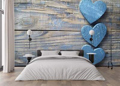 Blue Hearts. Romantic Love Greeting Card on Wood Background with Copy Space Wall mural