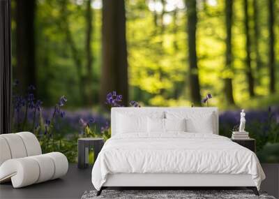 Bluebell Flowers in Hallerbos Forest, Flanders. Colorful Flower Field in Belgium Wall mural