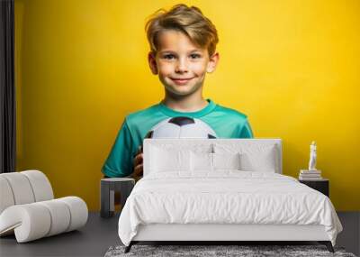 boy with a soccer ball on a yellow background Wall mural