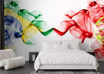 Brazil, Brazilian vs Portugal, Portuguese smoky mystic flags placed side by side. Thick colored silky abstract smoke flags combination Wall mural