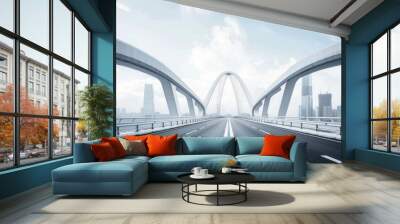 Bridge Architecture. Modern City Bridge with Urban Road Construction in White Sky Wall mural