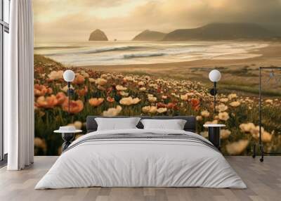 Central Coast of California: Pacific Ocean Waves and Springtime Flowers with Morro Rock on Horizon Wall mural