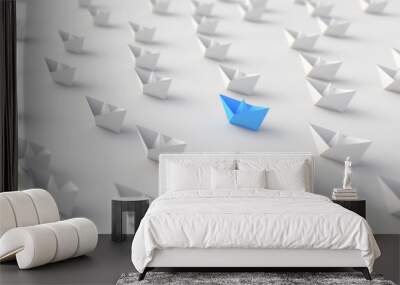 Leadership, success, and teamwork concept, blue leader boat among white boats. 3D Rendering. Wall mural