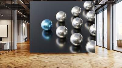 Leadership concept, blue leader ball leading silver balls, on black background with empty copy space on left side. 3D Rendering Wall mural