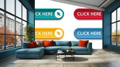 Click here button with arrow pointer clicking icon. Click here vector web button. Web button with action of arrow pointer. Click here, UI button concept. Vector illustration Wall mural