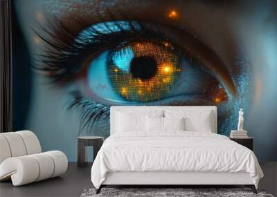 Close-up of a human eye with blue iris and futuristic digital elements, symbolizing biometric technology, identity recognition, and innovation in a modern digital landscape Wall mural