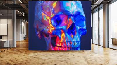 Colorful 3D Skull with Neon Blue and Orange Highlights Wall mural