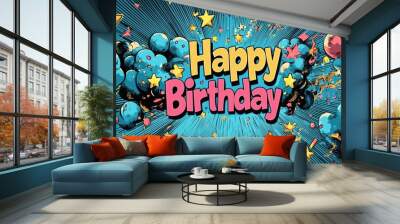 Colorful birthday celebration background with stars and comic style graphics Wall mural