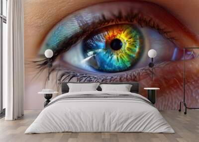 Colorful Eye. A View into the Bright Blue Iris with Sparkling Shine Wall mural