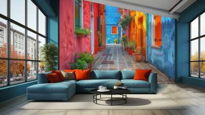 Colorful Street in Burano, Italy: Vibrant Houses on a Picturesque Alley Wall mural