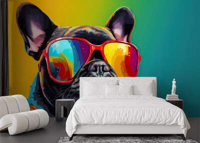 Cool french bulldog with sunglasses on colorful background Wall mural