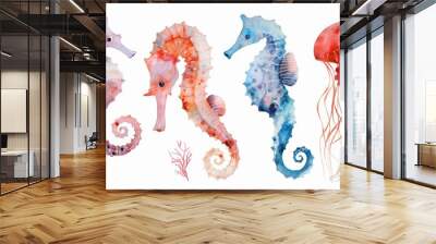 Coral Reef Water Color. Set of Illustrated Seahorse and Jellyfish in Blue and Red Ocean Background Wall mural