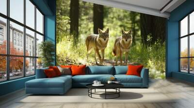 Coyotes Pair: Mammals in the Wild Forest, Luring on the Trail Wall mural