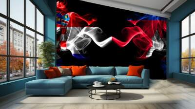 Croatia, Croatian vs Cambodia, Cambodian, Khmer smoky mystic flags placed side by side. Thick colored silky abstract smoke flags. Wall mural