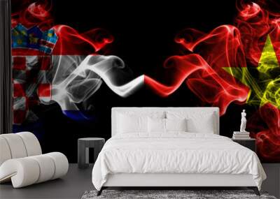 Croatia, Croatian vs Vietnam smoky mystic flags placed side by side. Thick colored silky abstract smoke flags. Wall mural