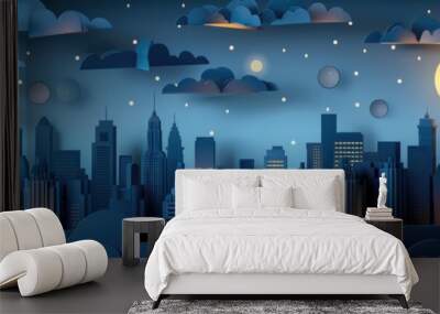 Daytime Urban Landscape City Village with Craft Paper Art of Metropolitan Skyline and Moon Wall mural