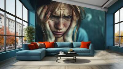 Devastated Woman: Young Girl in Despair Crying in Dramatic Sadness Wall mural