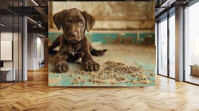 Dirt On Floor. Adorable Chocolate Labrador Retriever Puppy Causing Chaos Indoors Wall mural